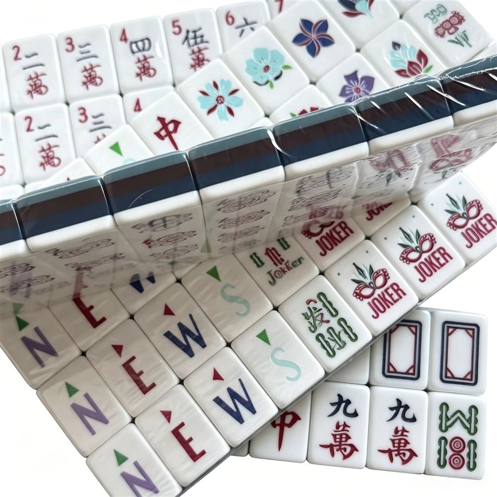 Hand-painted Chinoiserie lanterns and Jokers on detailed American Mahjong tiles from USA Mahjong Co. Enchanted Garden design.