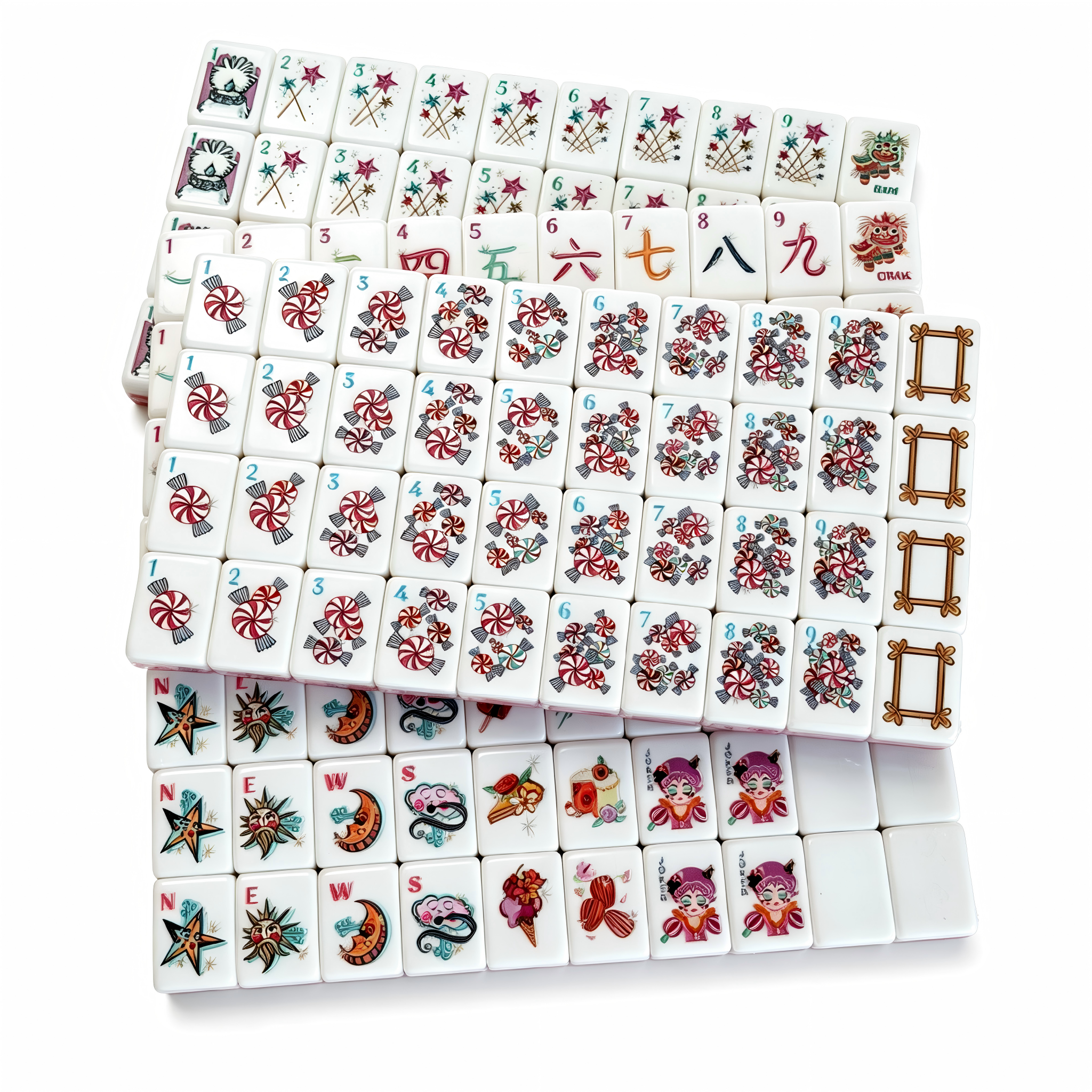 Berry Sorbet American Mahjong set by USA Mahjong Co. features 166 weighted tiles with magenta backs and playful candy designs.
