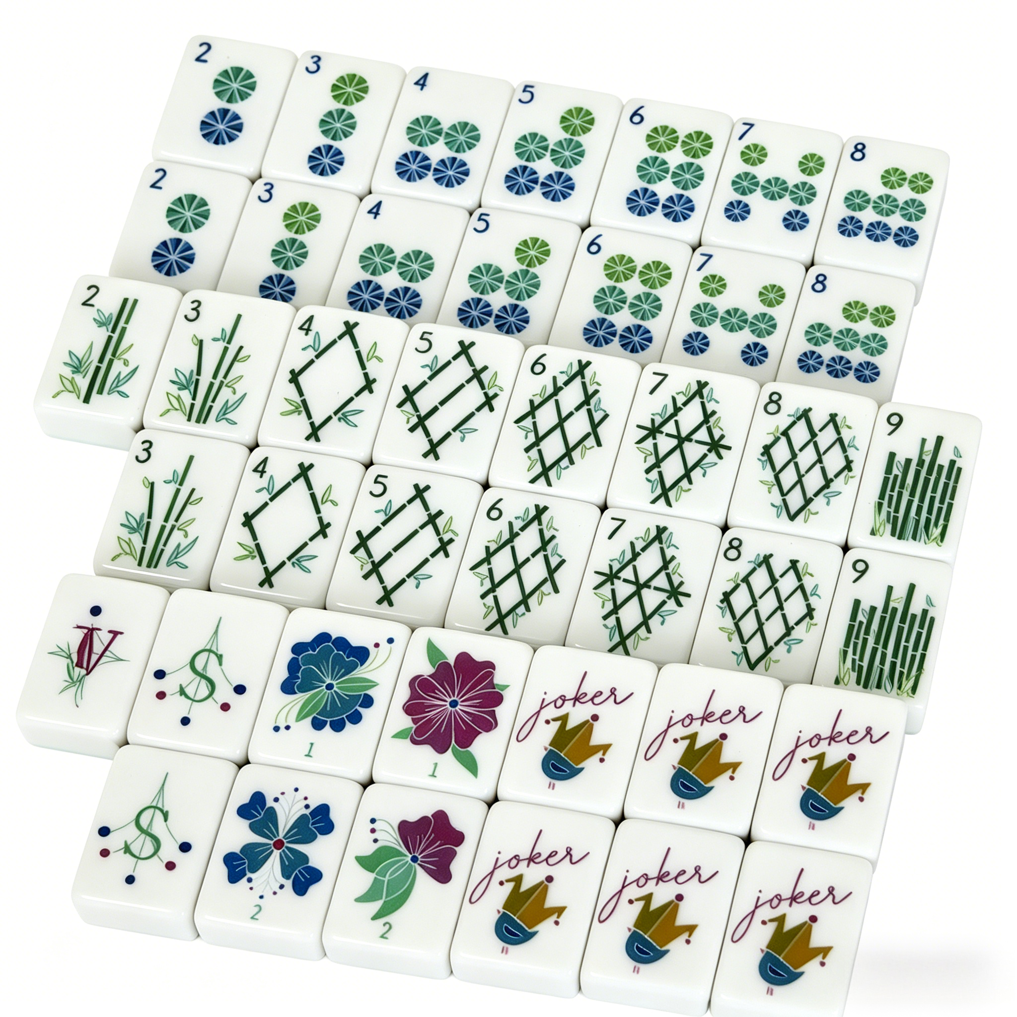 Close-up of Midnight Teal American Mahjong Set by USA Mahjong Co. showing floral muse engravings and premium acrylic tiles.