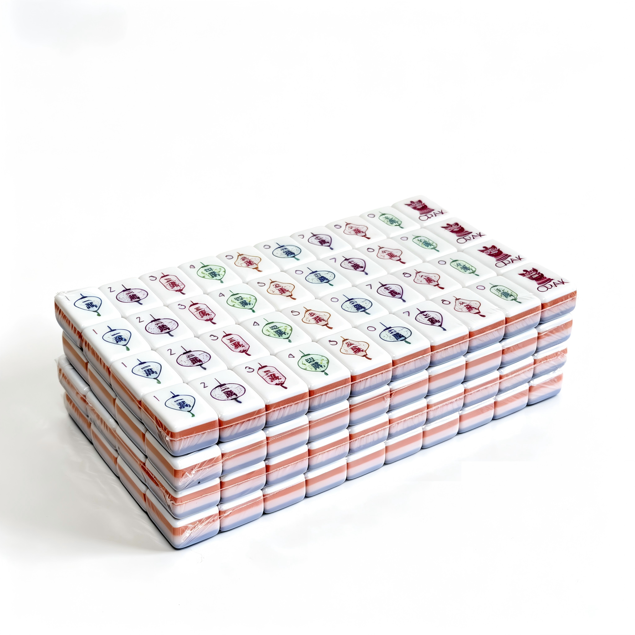 Close-up of Lavender Dream American Mahjong Set by USA Mahjong Co. with detailed engravings and purple backs on heavyweight tiles.