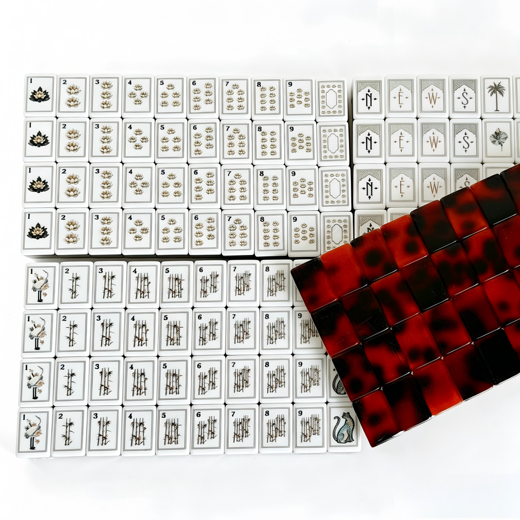 Crimson Tortoise Heritage American Mahjong Set by USA Mahjong Co. features 166 weighted tiles with vintage-inspired tortoise shell backs.
