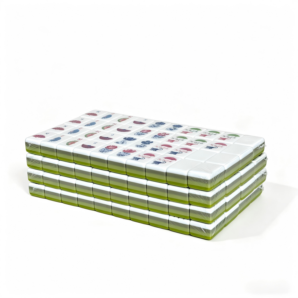 Side view of USA Mahjong Co. Apple Mint Parfait American Mahjong Set with 166 green gradient acrylic tiles and quad-layer design.