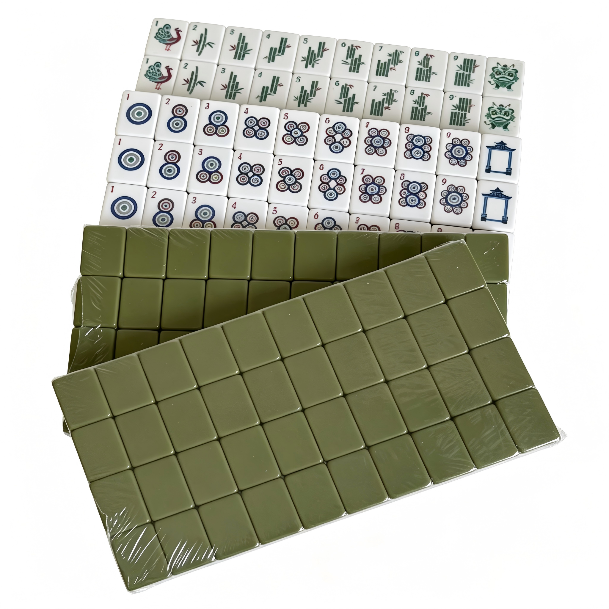 Detailed view of The Olive Grove American Mahjong Set by USA Mahjong Co. with 166 weighted acrylic tiles featuring earthy sage green backs.