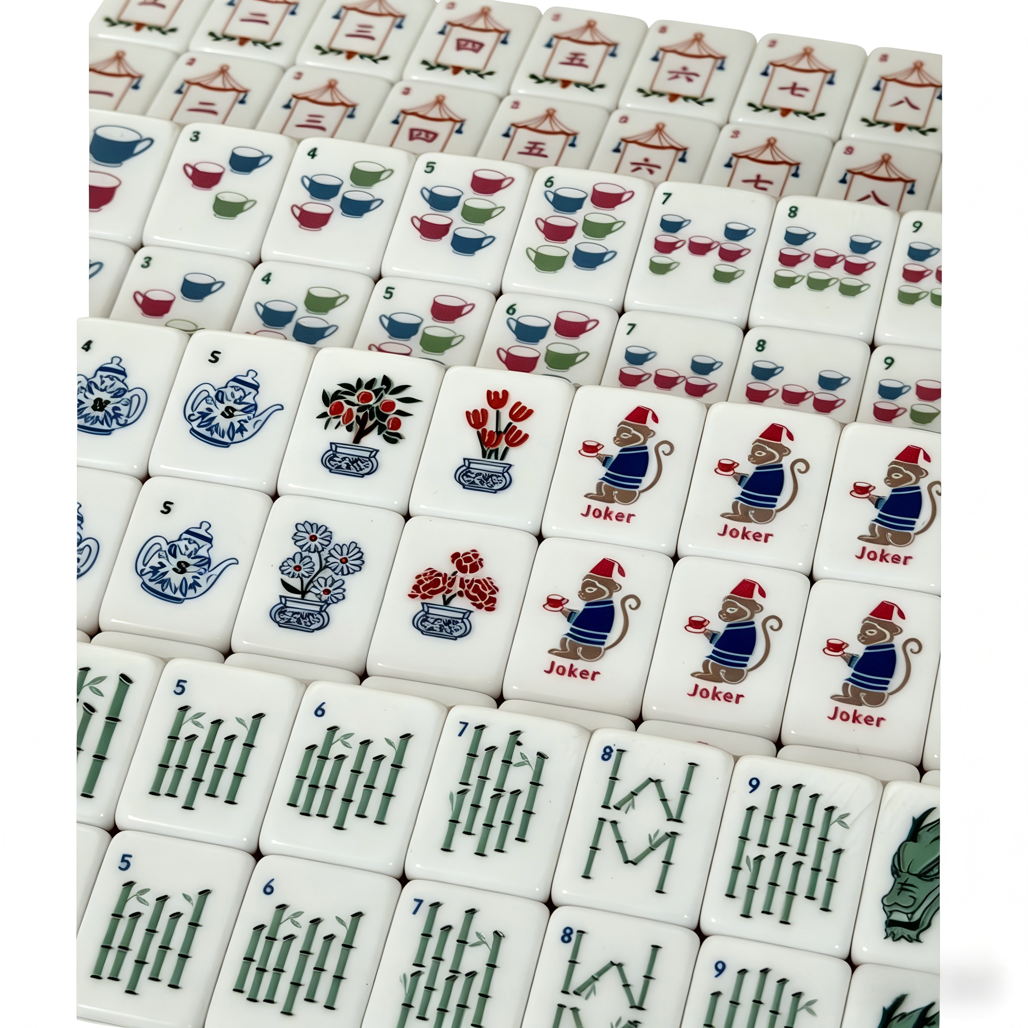 Detailed view of The Pink Peony American Mahjong Set by USA Mahjong Co. featuring vibrant pink acrylic tiles with gold inlays.