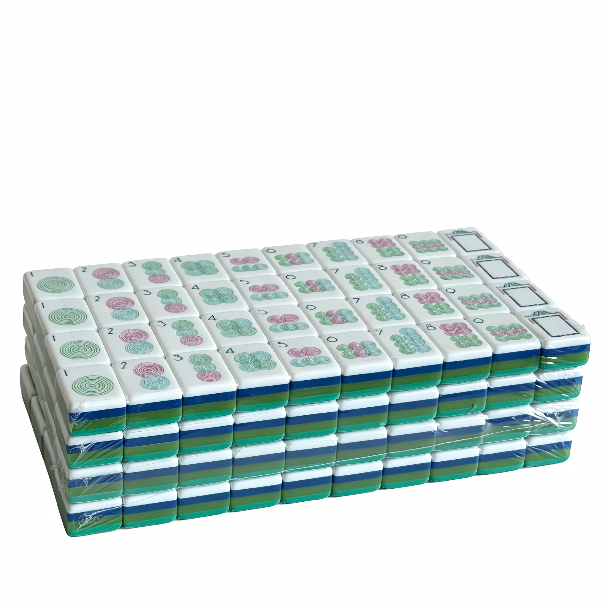 Detailed view of The Teal Lagoon Heritage American Mahjong Set by USA Mahjong Co., featuring deep blue-green acrylic tiles with gold inlays.