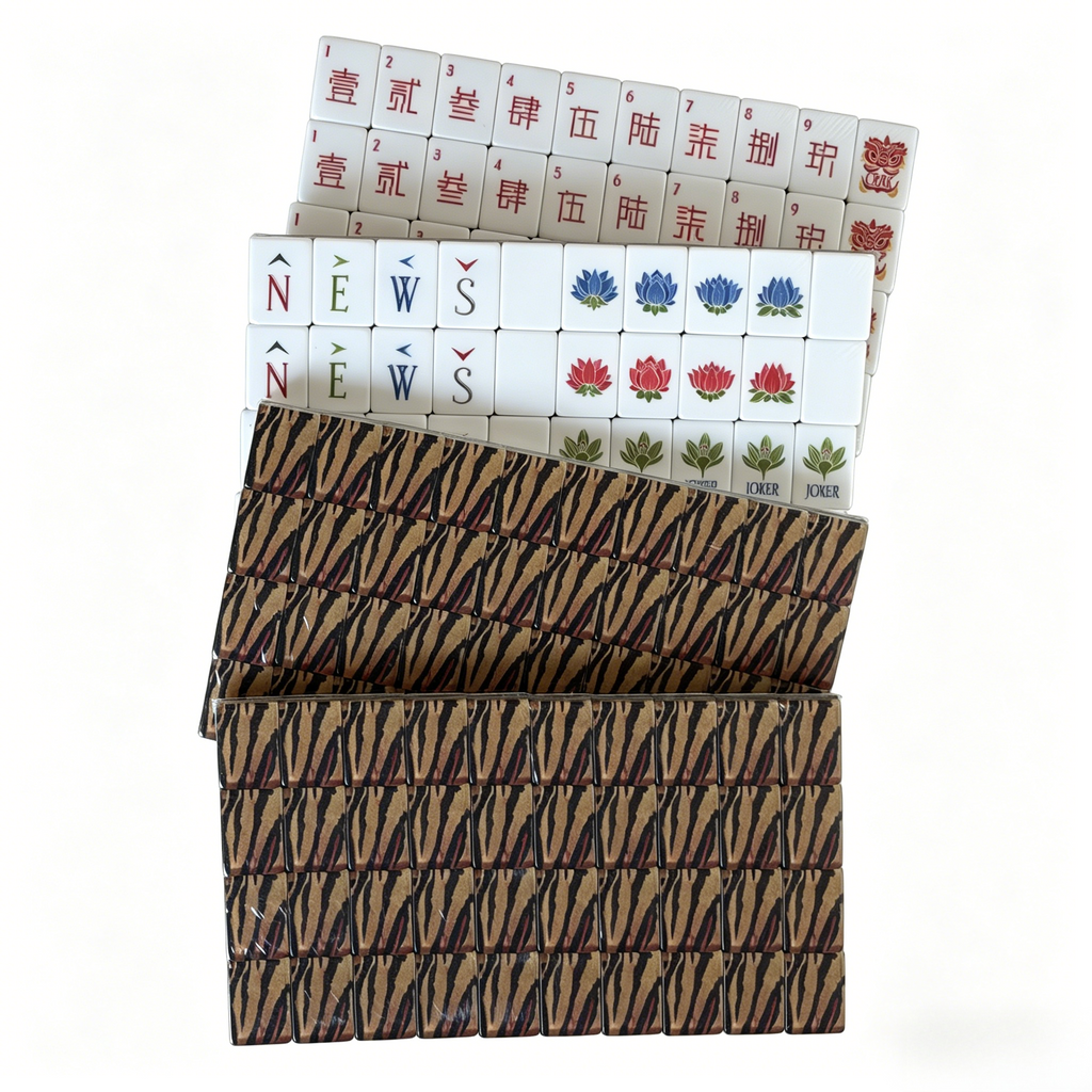 Detailed view of Tiger Strike Heritage American Mahjong Set by USA Mahjong Co. with 166 weighted tiles featuring bold tiger print backs.