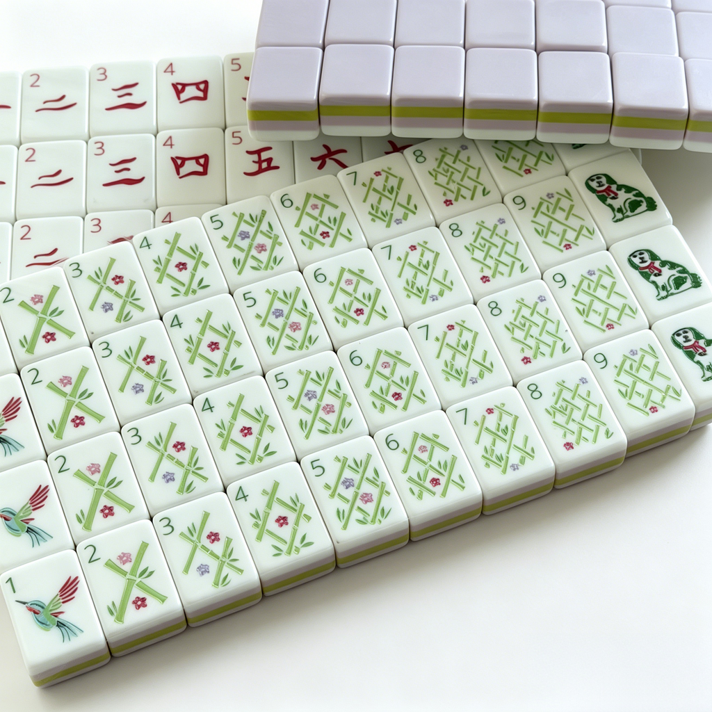 Detailed view of The Wisteria Bloom American Mahjong Set by USA Mahjong Co. with 166 soft purple tiles featuring gold and white inlays