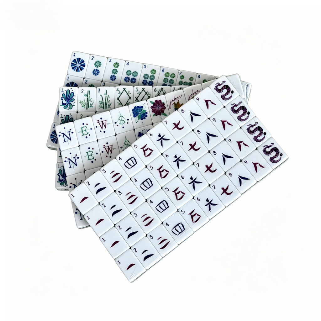 Midnight teal and floral design American Mahjong set with 166 acrylic tiles featuring floral jokers and spares, by USA Mahjong Co.