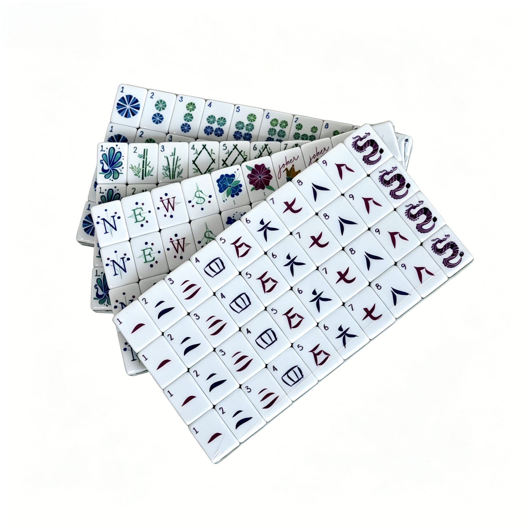 Midnight teal and floral design American Mahjong set with 166 acrylic tiles featuring floral jokers and spares, by USA Mahjong Co.