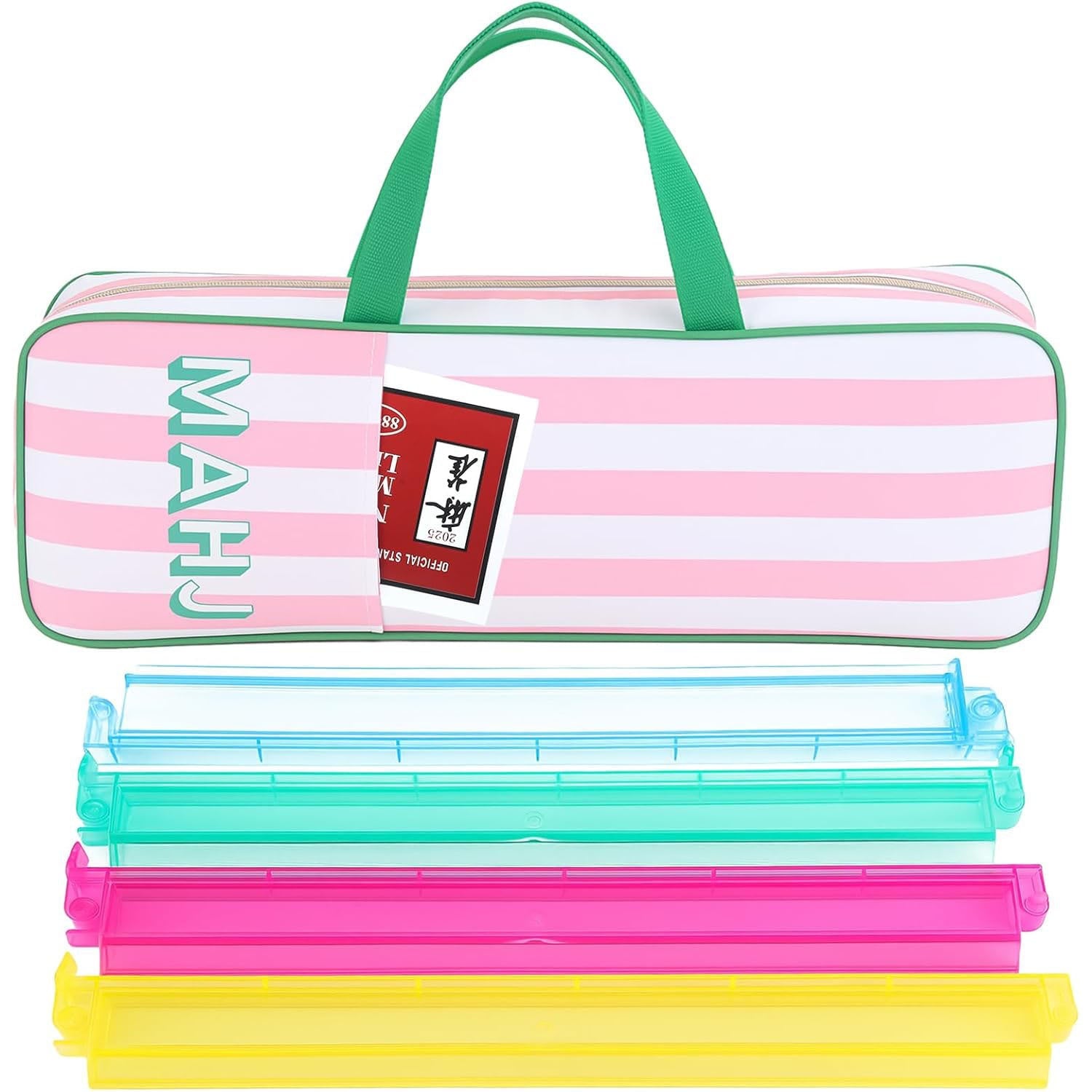 Pink striped Mahjong travel kit with four acrylic racks and a luxury carrying case, designed for American Mahjong by USA Mahjong Co.
