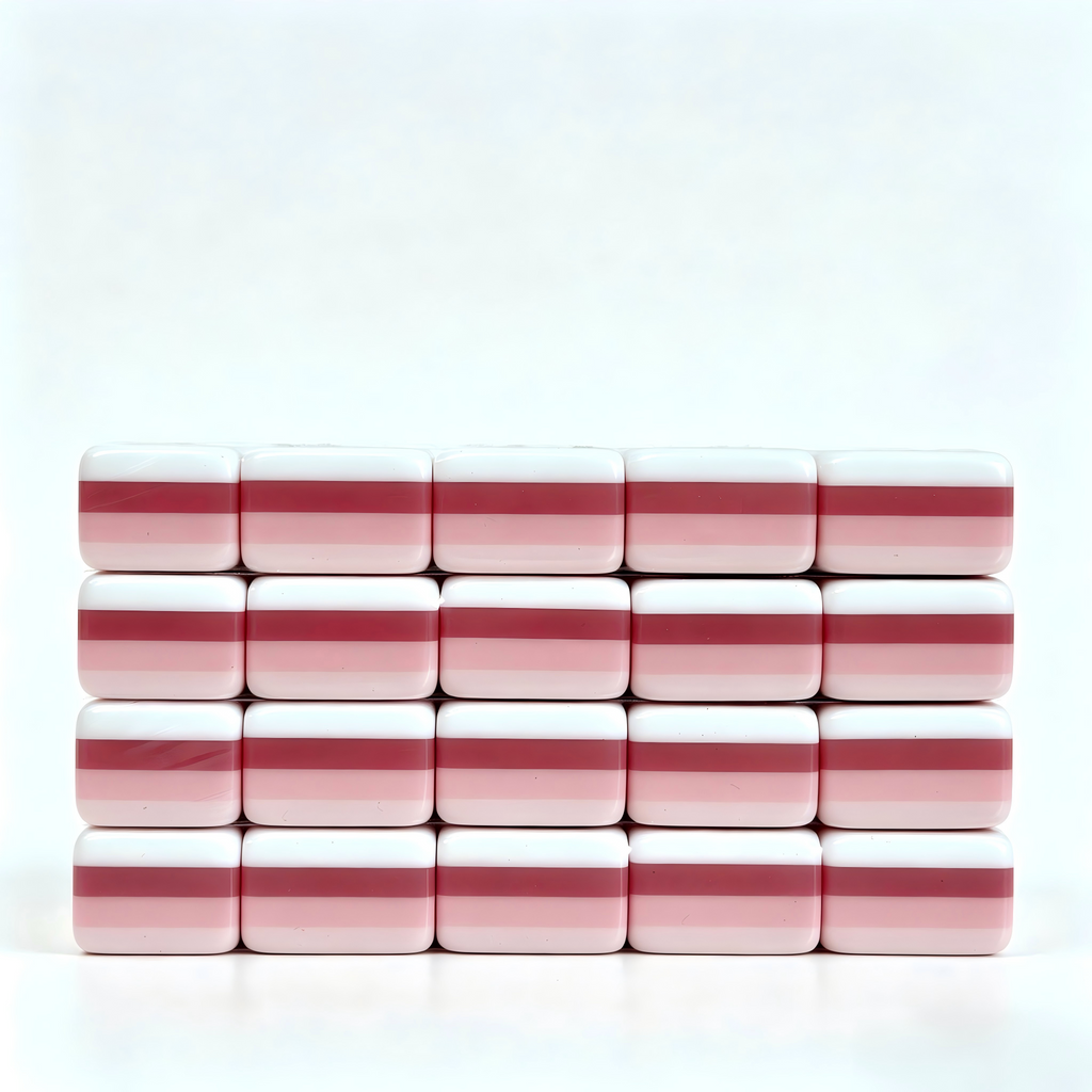 Pink Peony luxury American Mahjong set by USA Mahjong Co. features 166 solid blush acrylic tiles with pink backs and joker tiles.