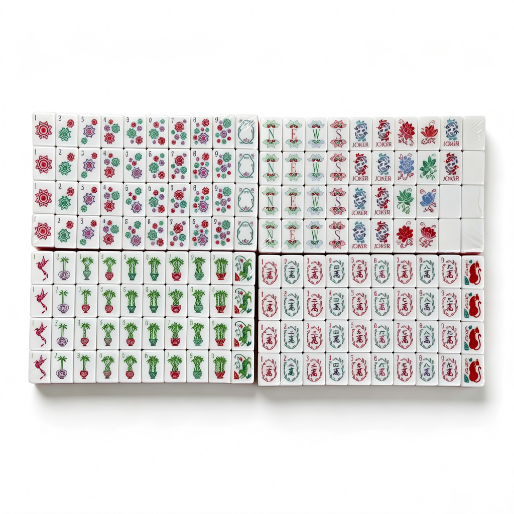 Rose Quartz American Mahjong Set by USA Mahjong Co. with 166 weighted tiles, marbled pink backs, including jokers and spares.