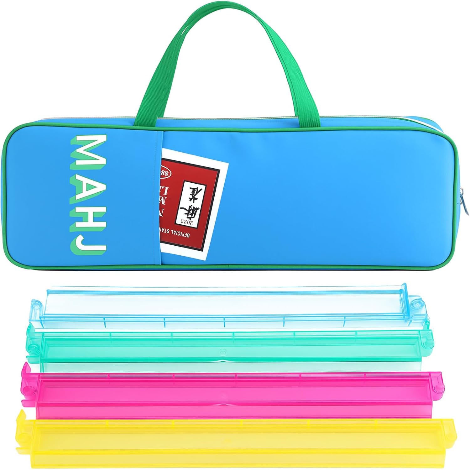 Royal navy Mahjong travel kit by USA Mahjong Co. includes acrylic racks, Mahjong bag, and professional gaming accessories in a luxury case.