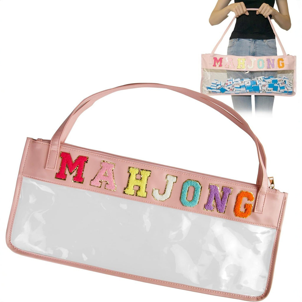 American Mahjong Co. Clear Shore Tote bag with PVC material, shoulder strap, and chenille lettering, designed for carrying Mahjong sets.