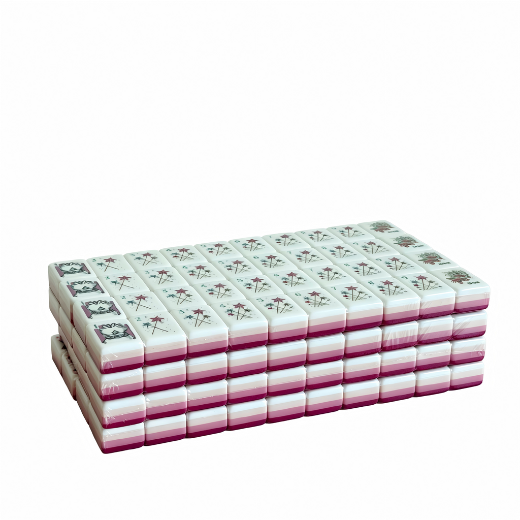 Side profile of USA Mahjong Co.'s Berry Sorbet American Mahjong Set with 32g weighted tiles, deep magenta backs, and candy design.