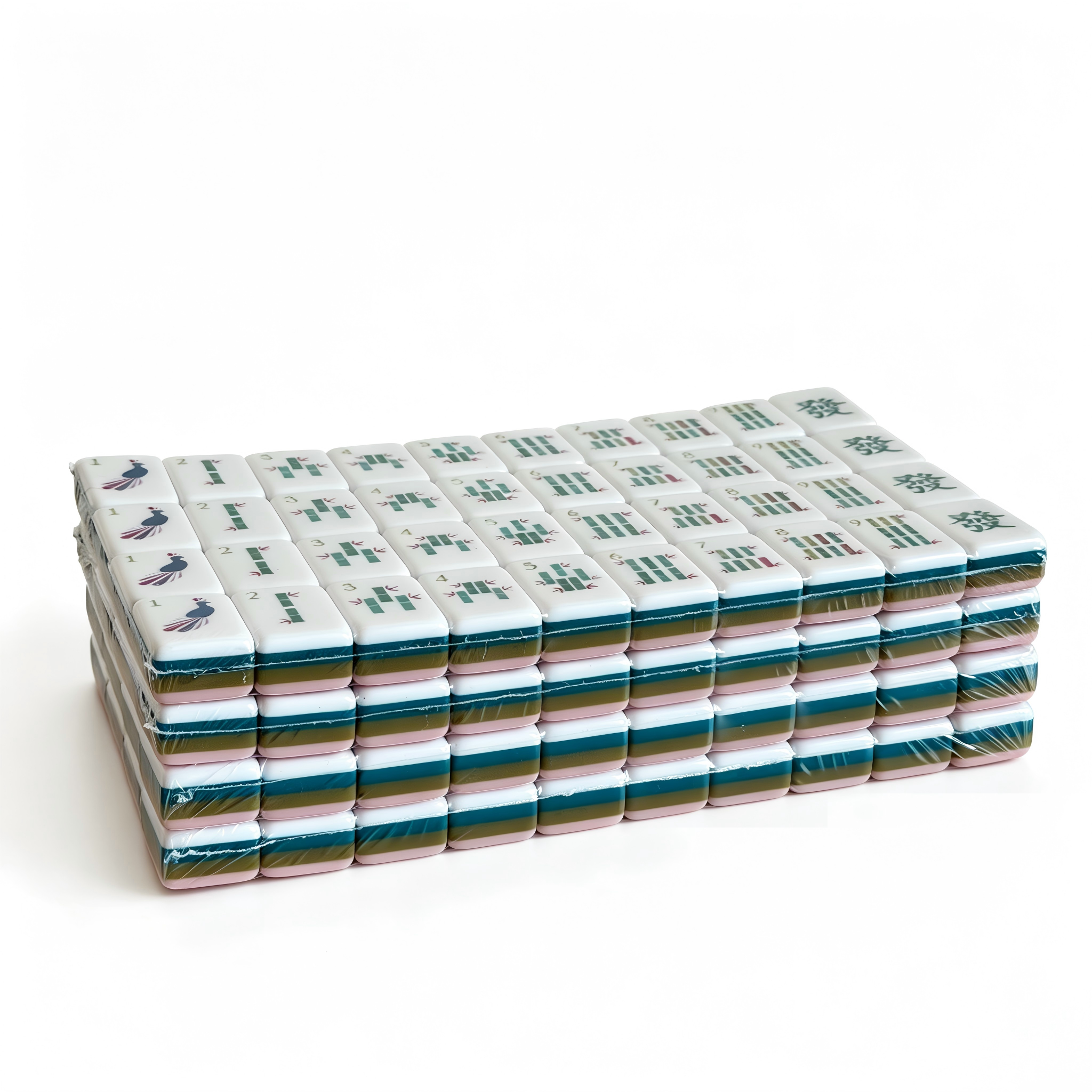 Side profile of Dusty Rose American Mahjong Set tiles by USA Mahjong Co., featuring 32g weighted tiles with blush backs and compass wind design.