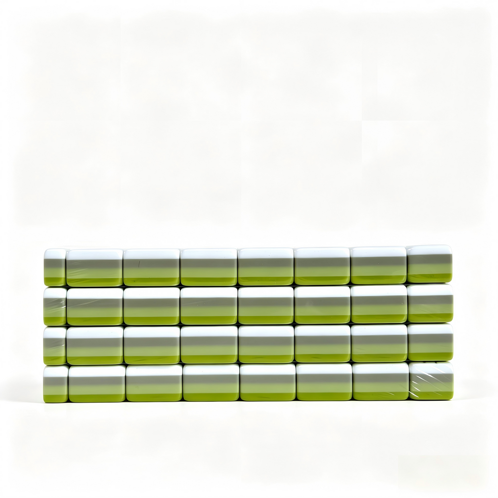 Side profile of 32g weighted Apple Mint Parfait American Mahjong set with green gradient acrylic tiles by USA Mahjong Co.