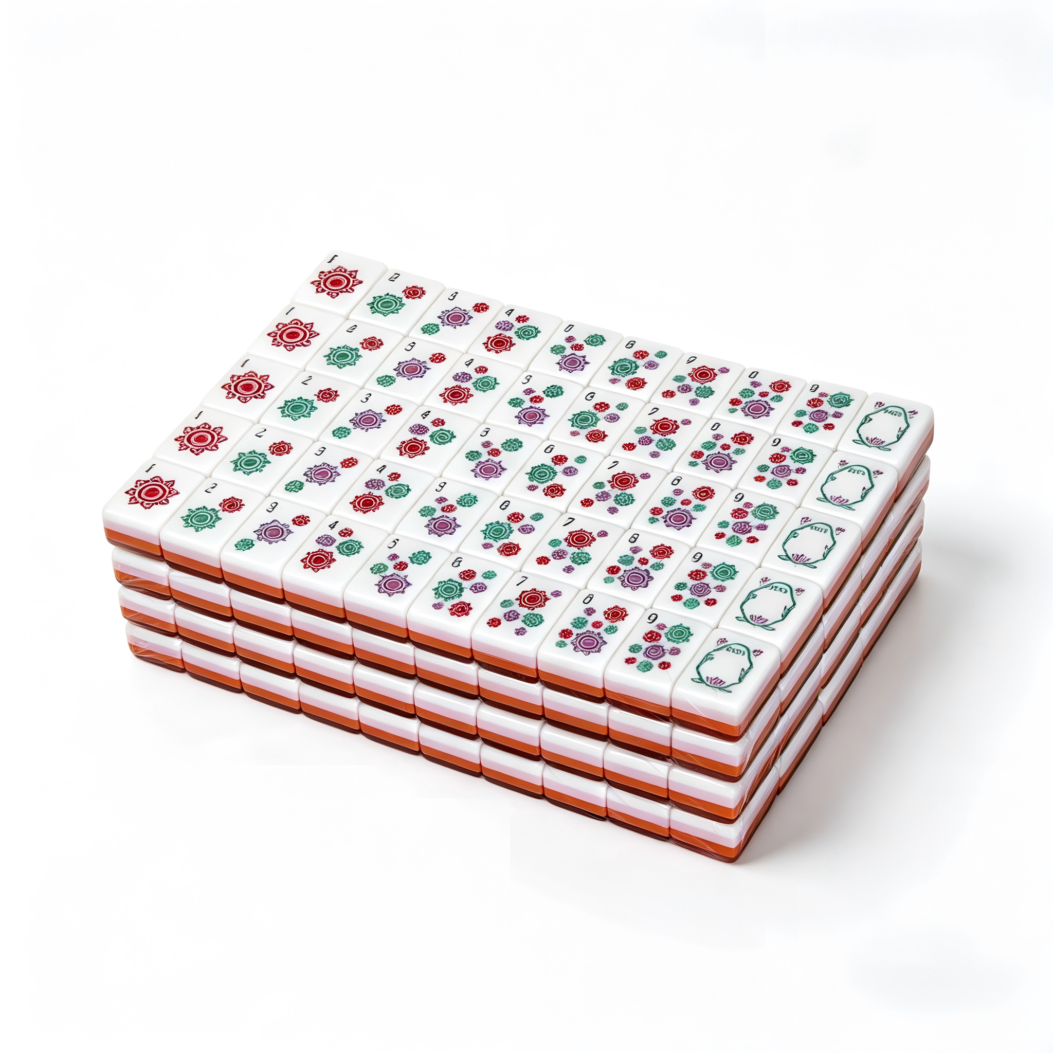 Side profile of 32g weighted Rose Quartz American Mahjong tiles with marbled pink backs, from USA Mahjong Co.