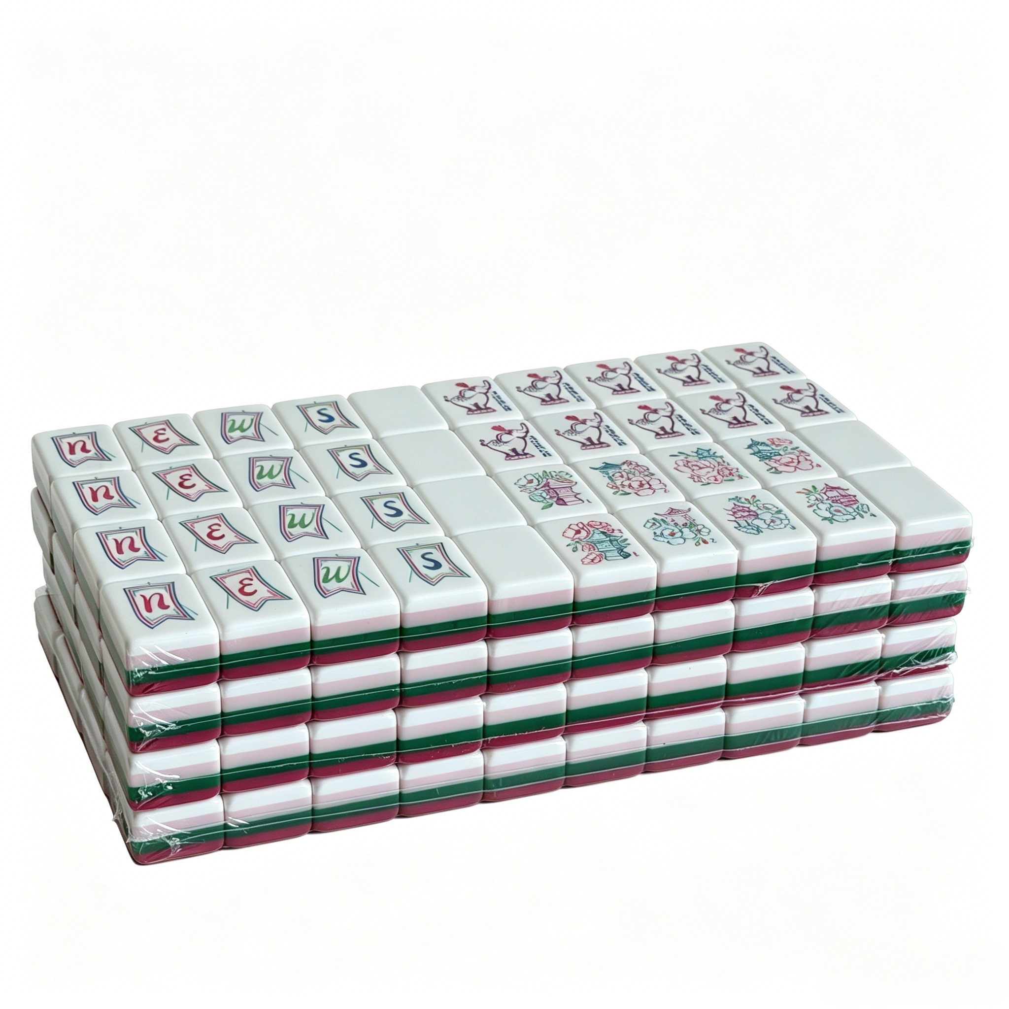 Side profile of 32g weighted Magenta Monarch American Mahjong set tiles with rose red color and grey-blue backs by USA Mahjong Co.