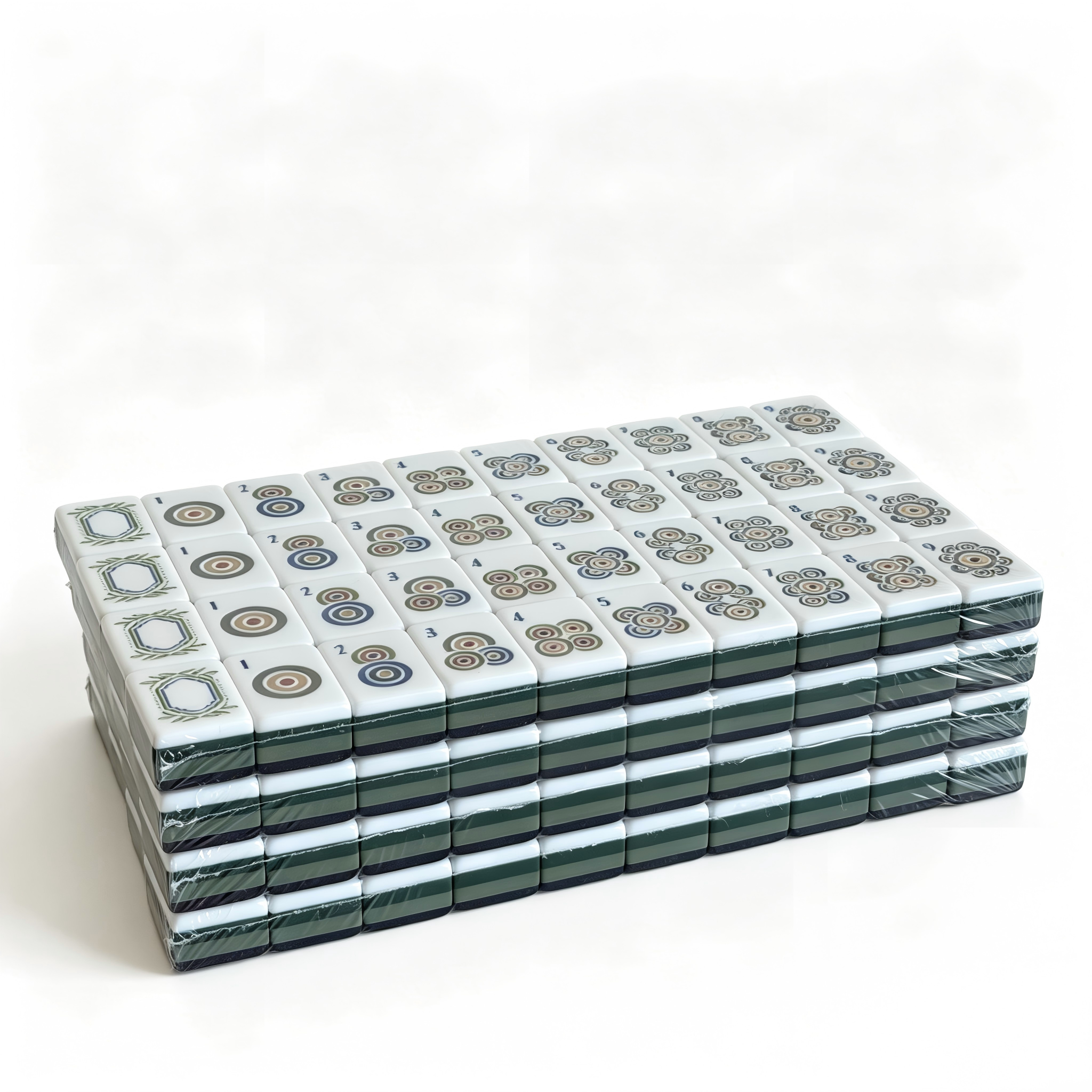 Side profile of Tiger Strike American Mahjong Set by USA Mahjong Co. with 32g weighted tiles featuring bold tiger print backs.