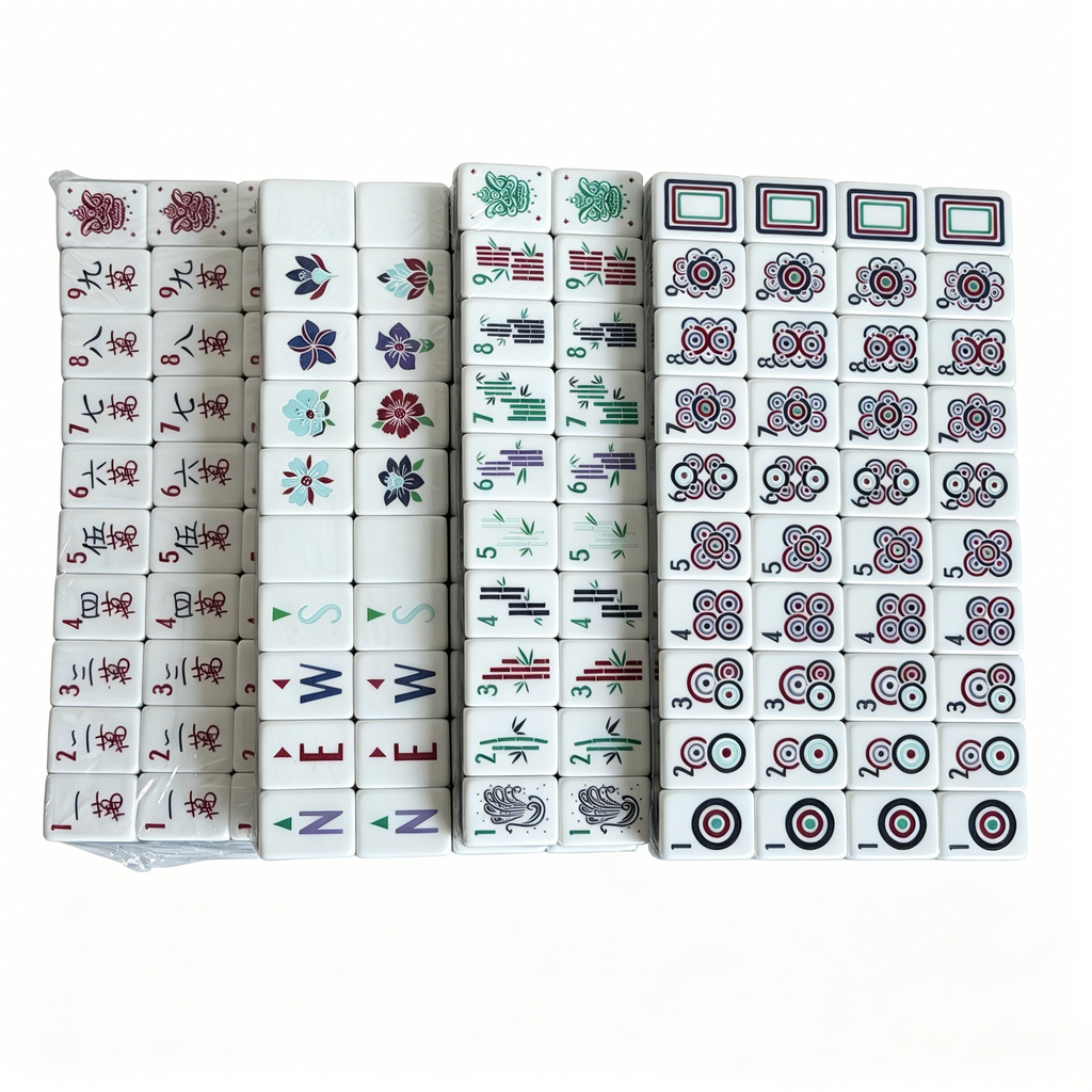 American Mahjong Set by USA Mahjong Co. featuring 166 weighted acrylic tiles with deep petrol backs and colorful game symbols.