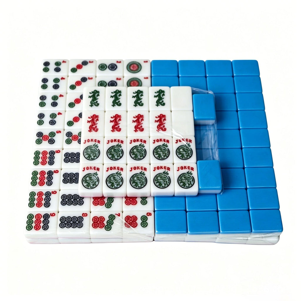 American Mahjong Set by USA Mahjong Co. with 166 premium melamine tiles on a sky linen background.