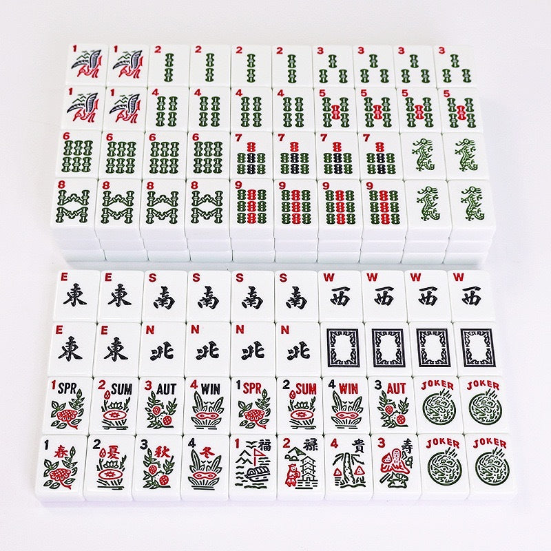 Standard American Mahjong Set with 166 white melamine tiles, featuring traditional designs, by USA Mahjong Co.