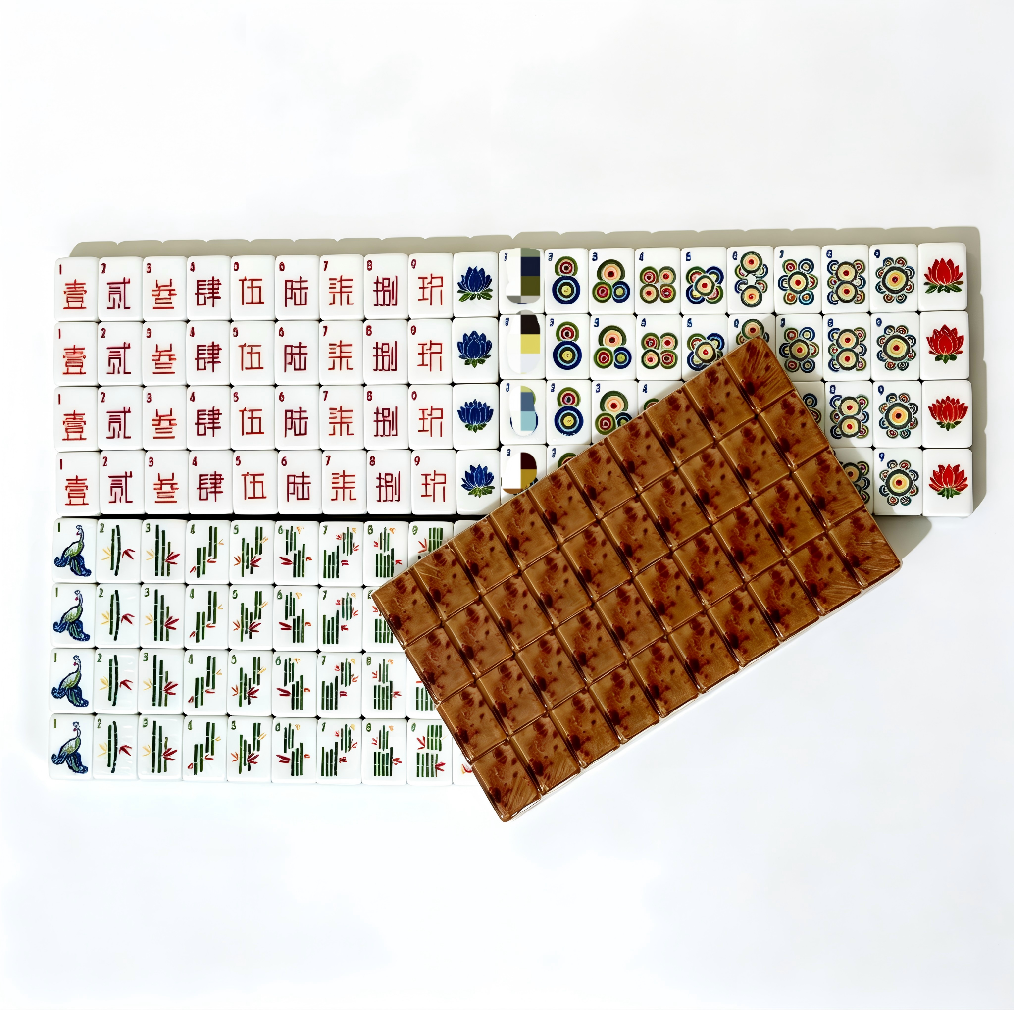 Amberwood Heirloom American Mahjong Set with 166 artisan wood-grain tiles featuring tortoiseshell amber backs and bohemian mandala dots.