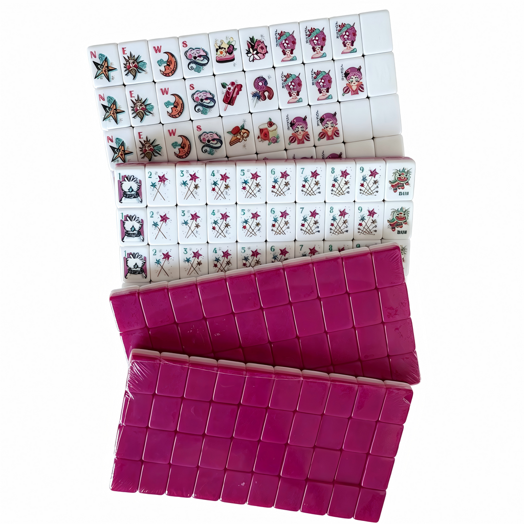 American Mahjong Set with 166 weighted tiles featuring deep magenta backs and playful candy design by USA Mahjong Co.