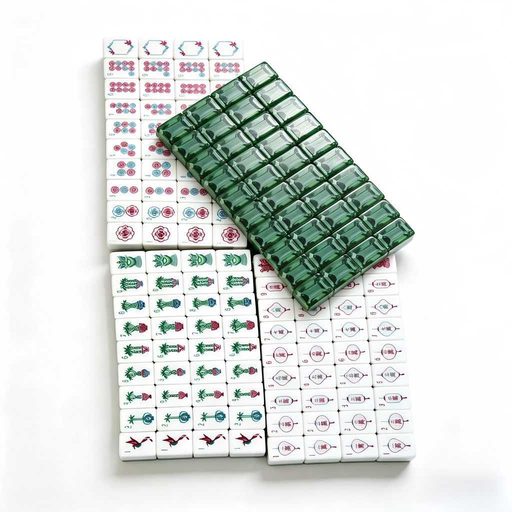 Luxury American Mahjong set with 166 white tiles featuring translucent jade-green backs, designed by USA Mahjong Co.