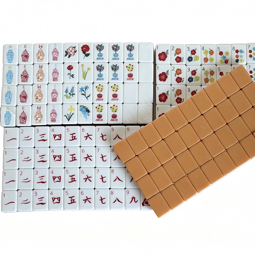 American Mahjong Set by USA Mahjong Co. with 166 warm caramel-backed tiles, floral vase jokers, and 32g weighted tiles