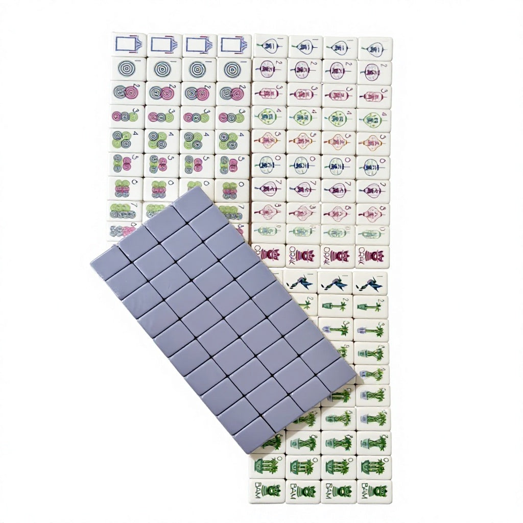 American Mahjong Set by USA Mahjong Co. featuring 166 heavyweight tiles with sophisticated purple backs and 32g weighted acrylic tiles.