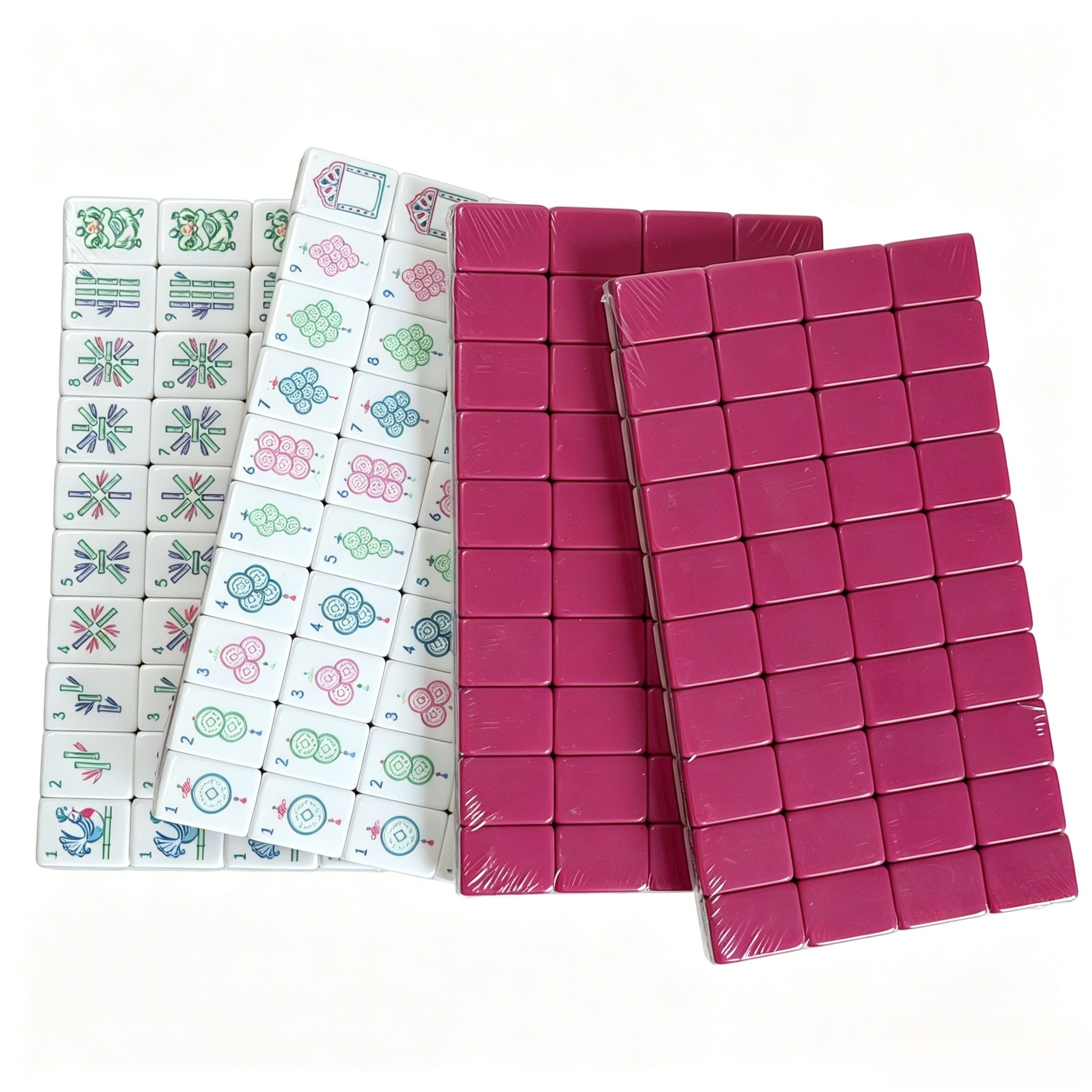 American Mahjong Set by USA Mahjong Co. with 166 weighted acrylic tiles featuring magenta, elephant design, and elegant grey-blue backs.
