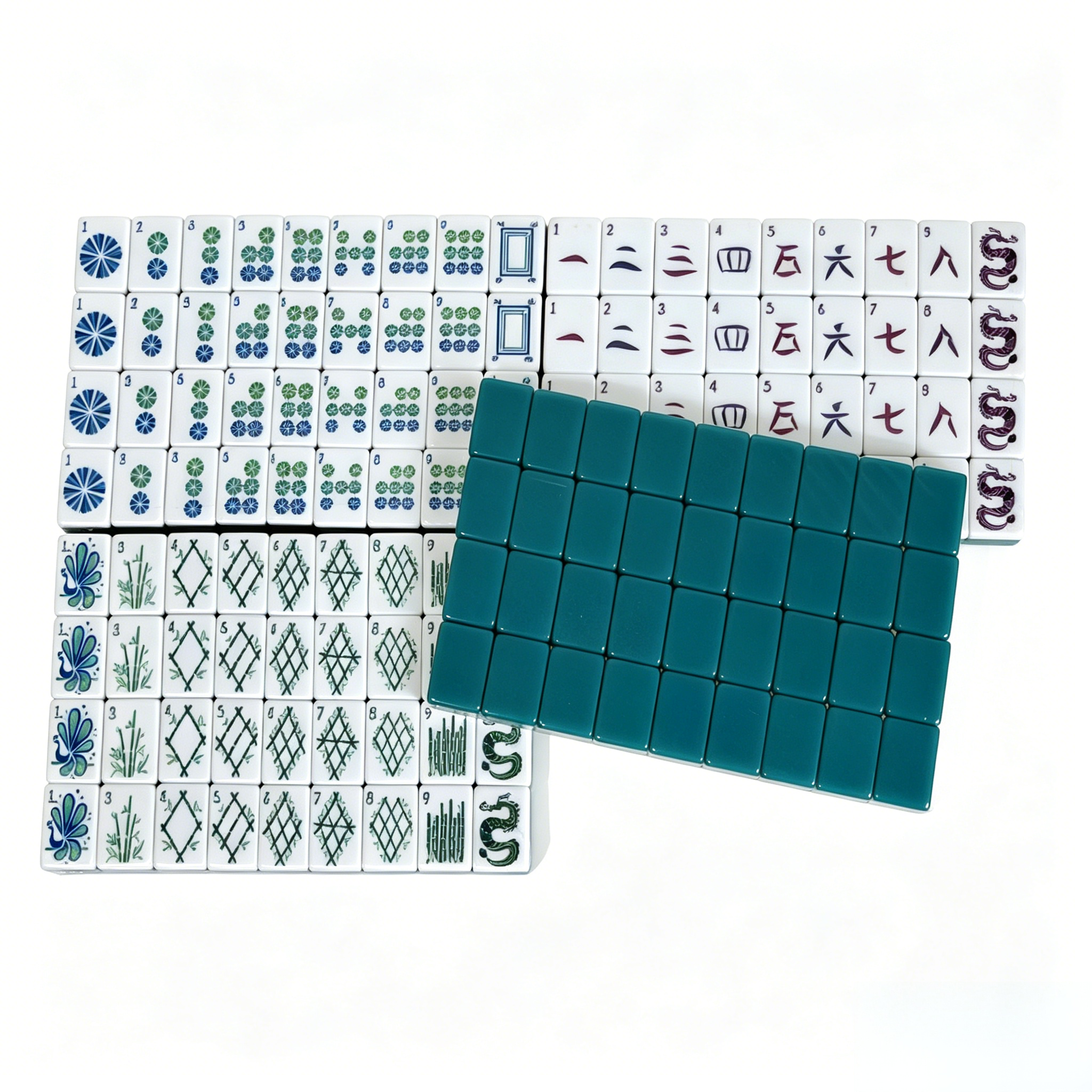 Luxury American Mahjong Set with 166 acrylic tiles in midnight teal and floral designs, featuring quad-layer gradient backs.