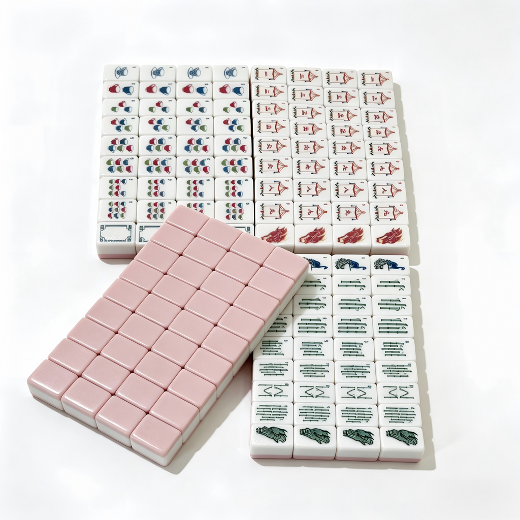 USA Mahjong Co. Pink Peony solid blush American Mahjong Set with 166 premium acrylic tiles and triple-layer pink backs.