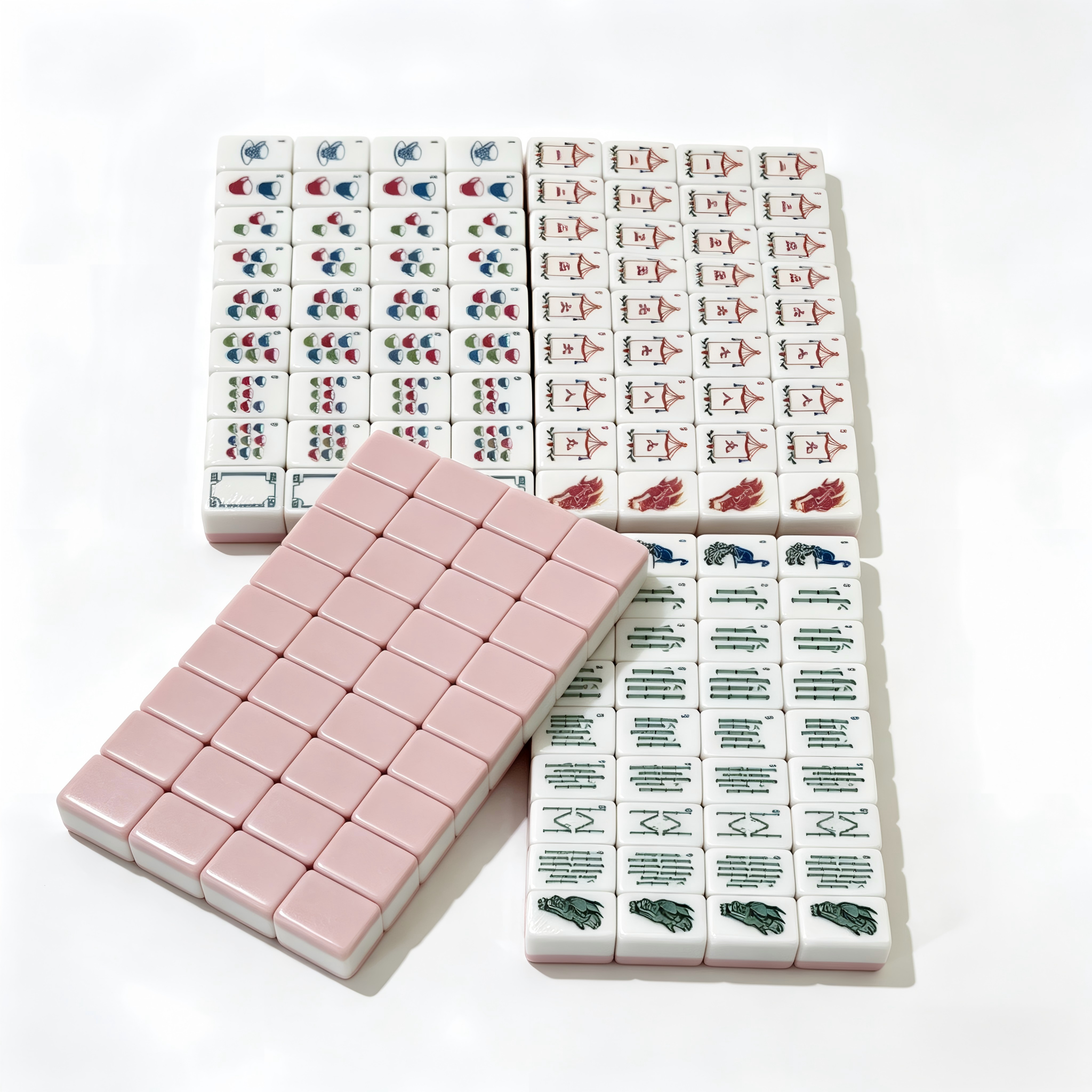 USA Mahjong Co. Pink Peony solid blush American Mahjong Set with 166 premium acrylic tiles and triple-layer pink backs.