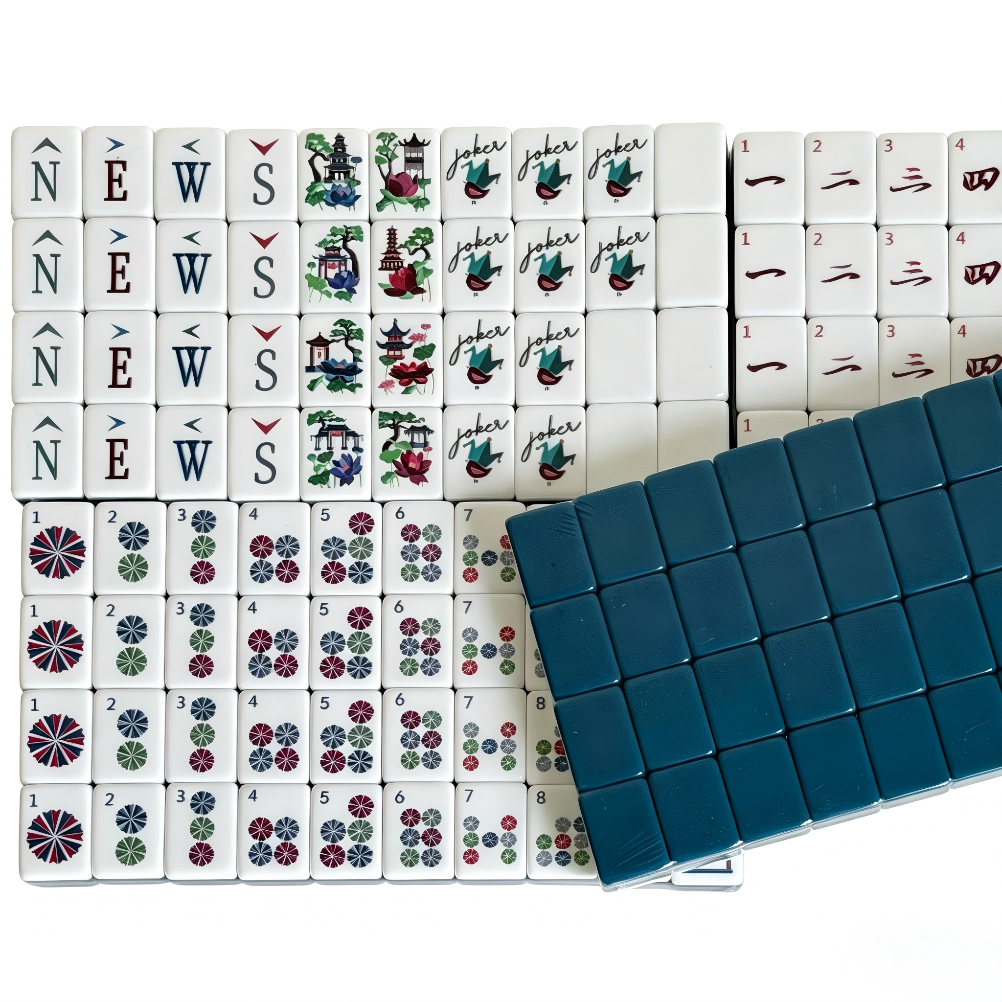 American Mahjong Set by USA Mahjong Co. with 166 weighted teal blue tiles featuring a compass wind design.