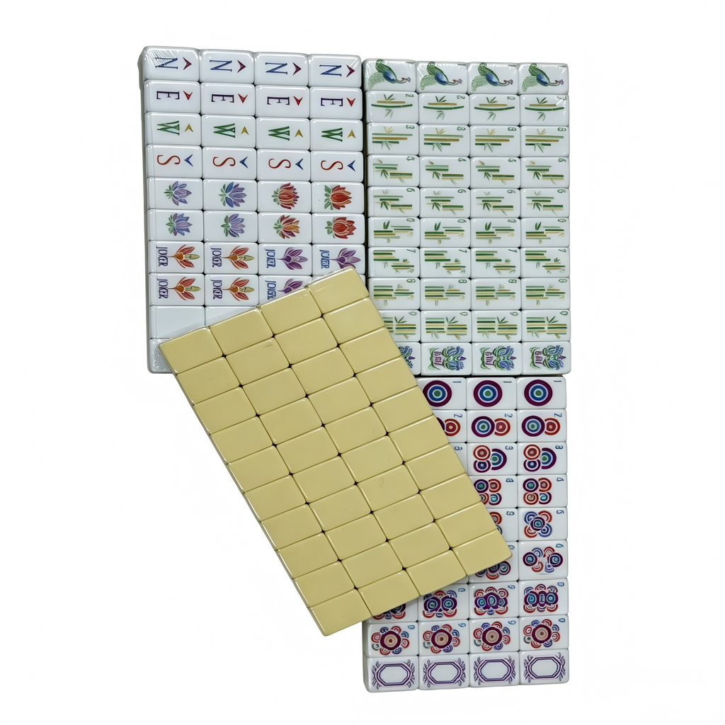 American Mahjong Set by USA Mahjong Co. with 166 weighted ivory-back tiles featuring compass wind design and white accents.