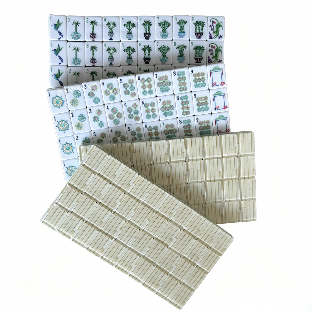 American Mahjong Set by USA Mahjong Co. with 166 weighted bamboo-grain tiles featuring textured ivory backs and colorful designs.