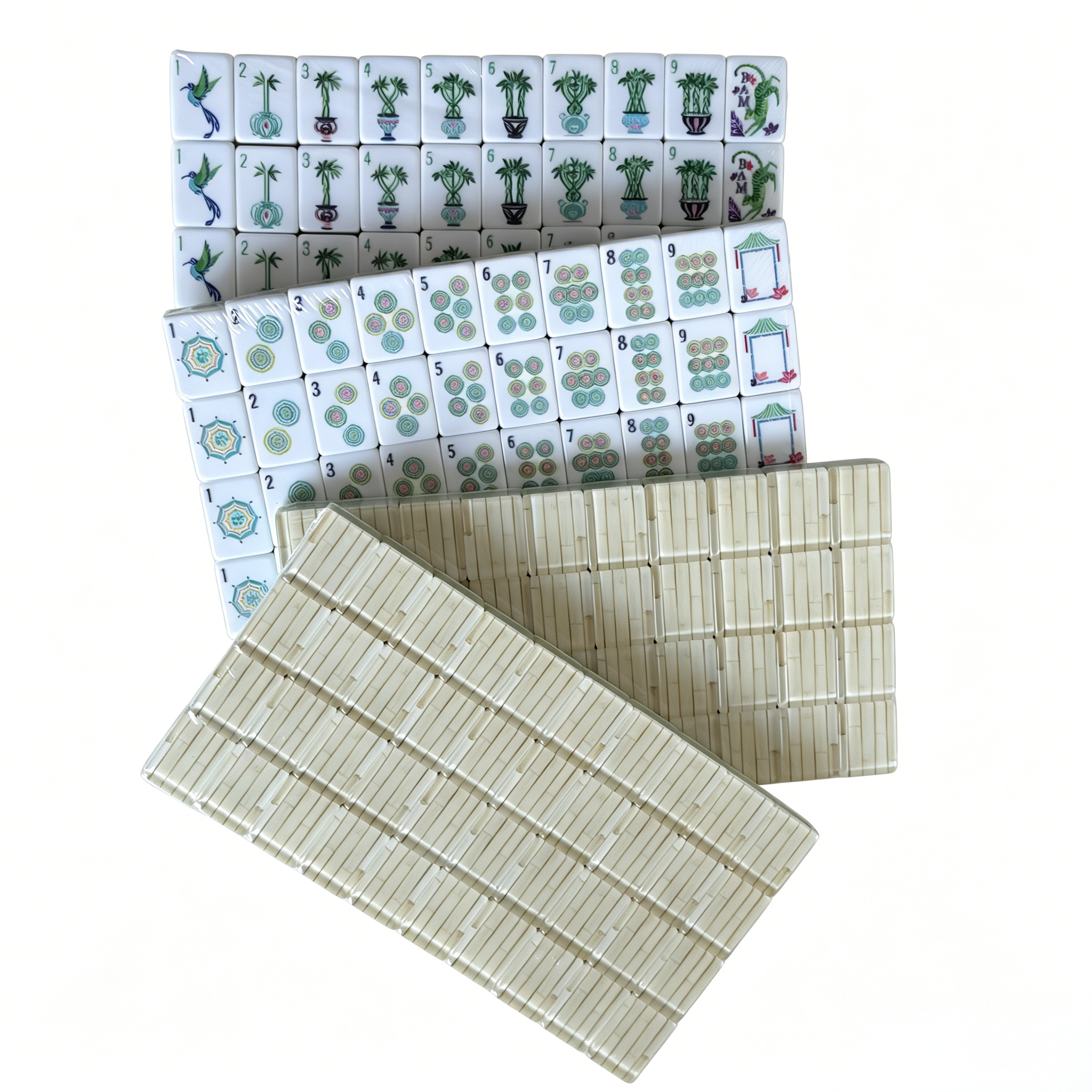 American Mahjong Set by USA Mahjong Co. with 166 weighted bamboo-grain tiles featuring textured ivory backs and colorful designs.