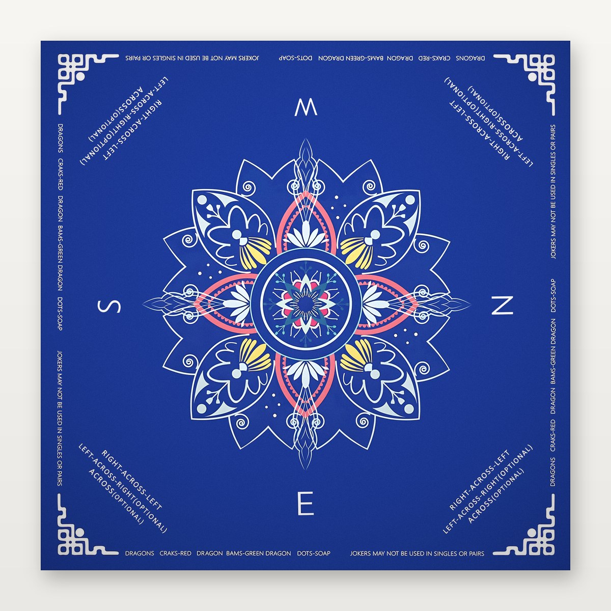 Deep blue American Mahjong Mat by USA Mahjong Co. featuring celestial compass design, 3mm thick non-slip rubber surface.