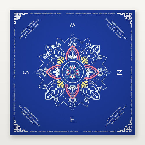 Deep blue American Mahjong Mat by USA Mahjong Co. featuring celestial compass design, 3mm thick non-slip rubber surface.