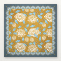 Yellow American Mahjong mat with golden peony design, 3mm non-slip rubber, from USA Mahjong Co.'s Retro Floral Collection.